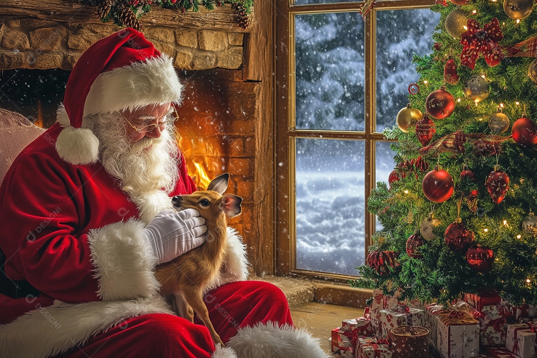 Papai noel com rena filhote no colo e árvore de natal