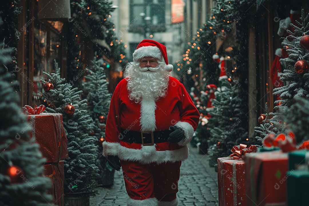 Papai noel e uma rua decorada para o natal