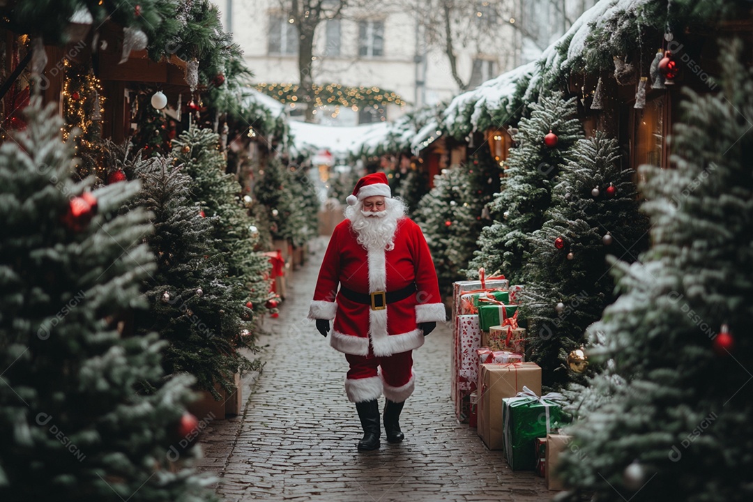 Papai noel andando em uma calçada decorada para o natal