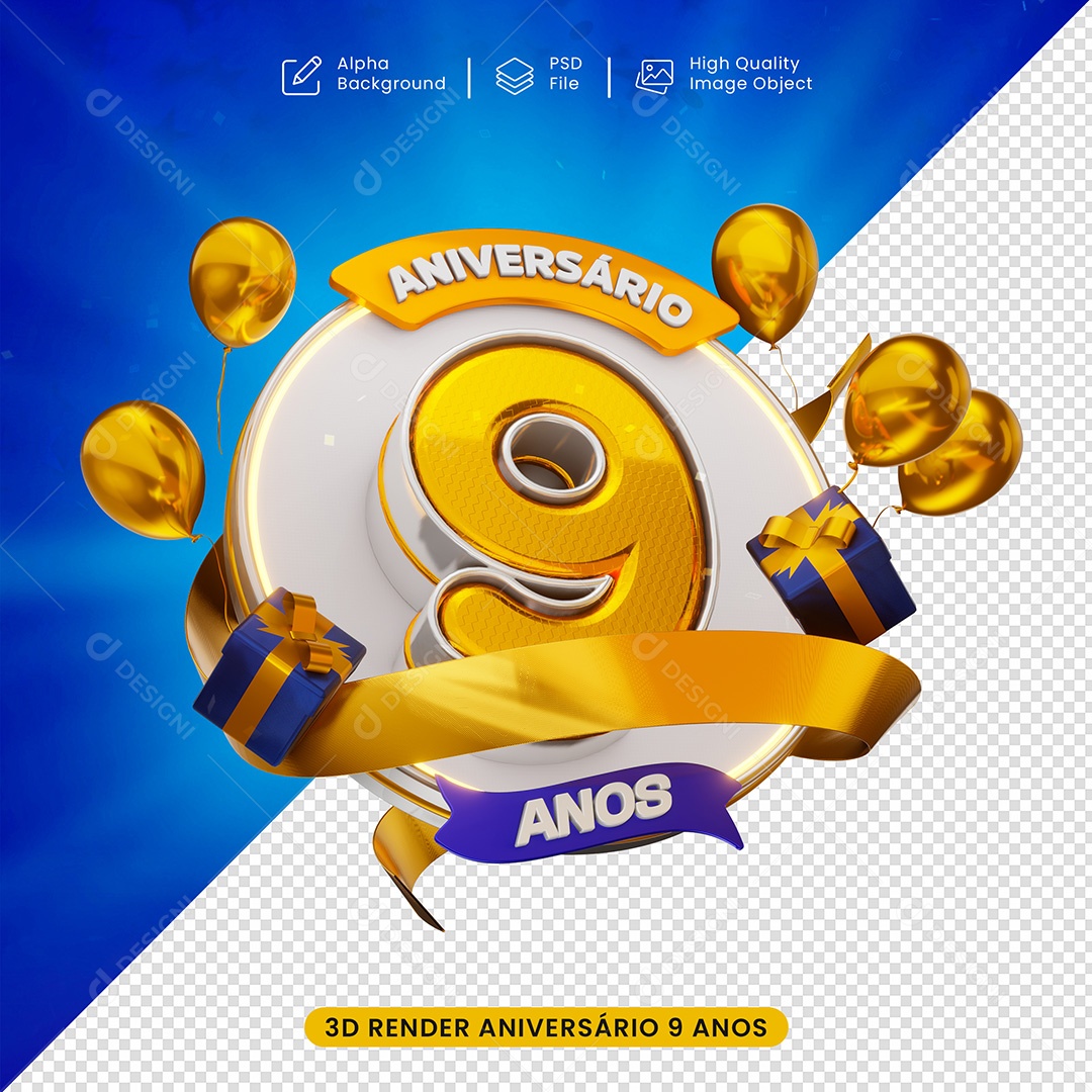 Aniversàrio de 9 Ano Para Selo 3D para Composição PSD