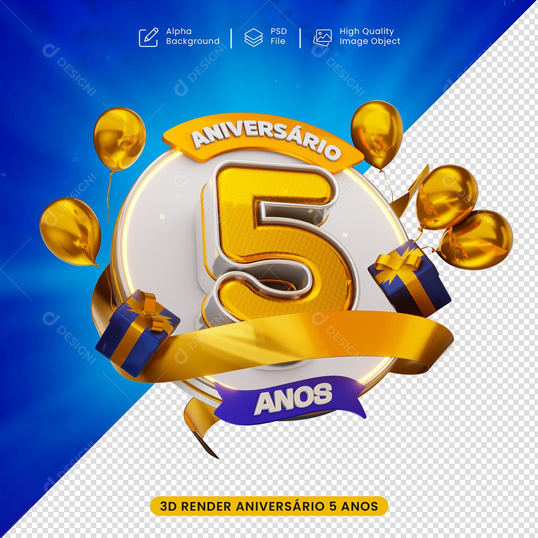 Aniversàrio de 5 Ano Para Selo 3D para Composição PSD
