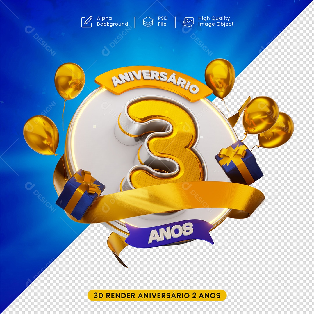 Aniversàrio de 3 Ano Para Selo 3D para Composição PSD