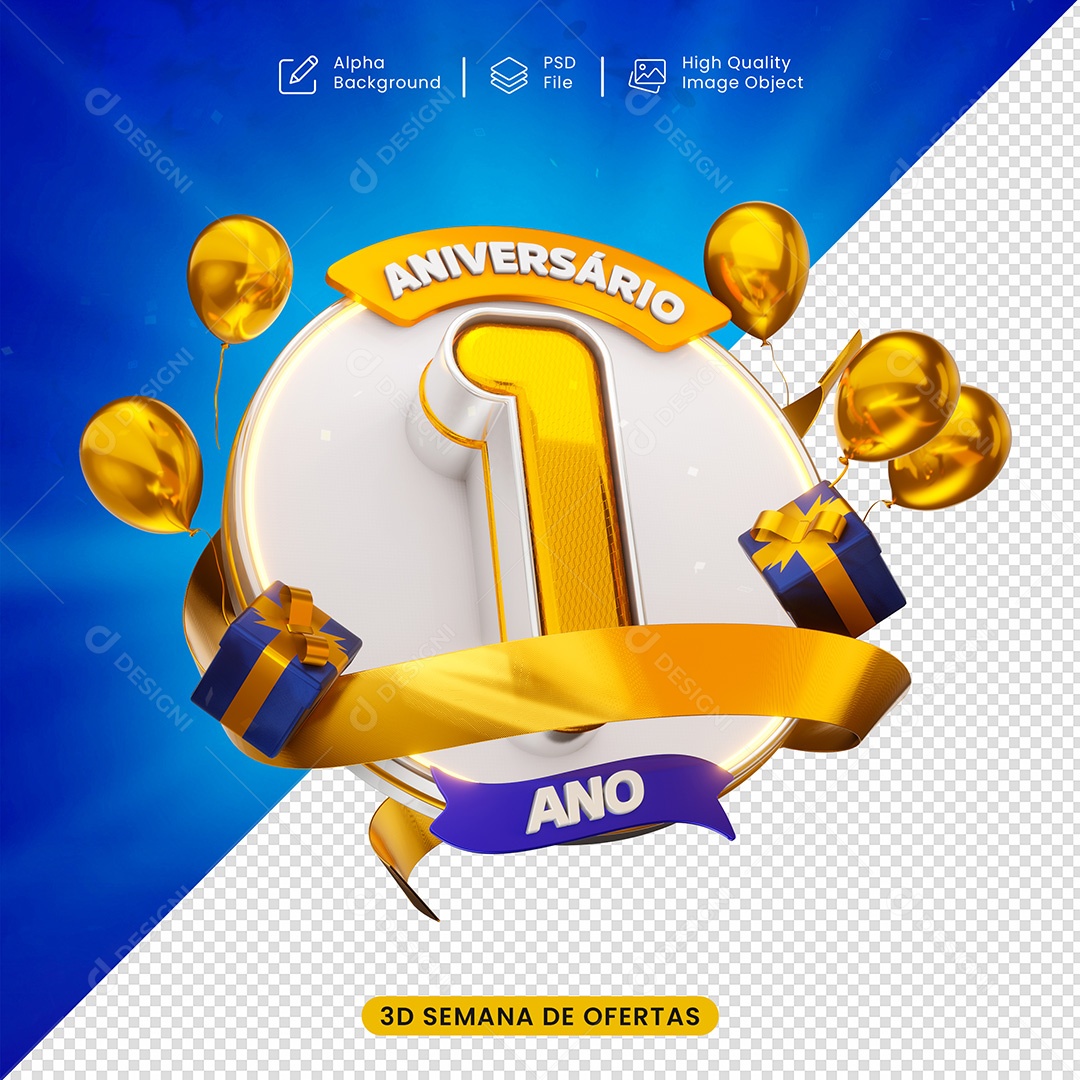 Aniversàrio de 1 Ano Para Selo 3D para Composição PSD