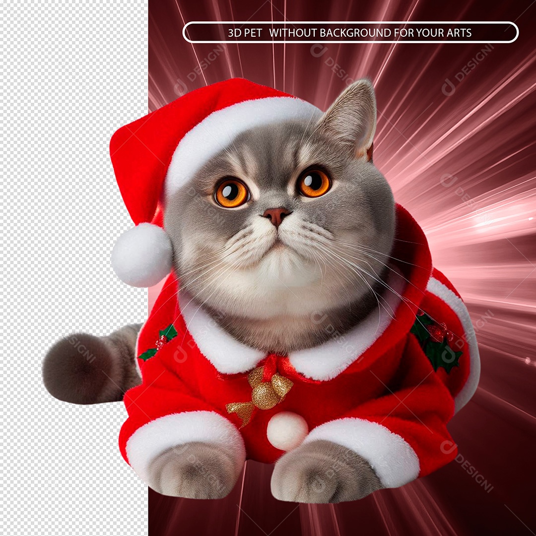 Elemento 3D Gato Vestido em Roupa de Natal para Composição PSD