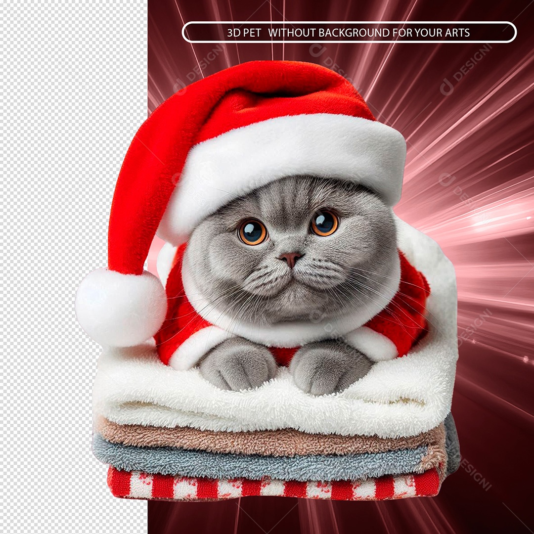 Elemento 3D Gato Vestido em Roupa de Natal Encima de Toalhas para Composição PSD