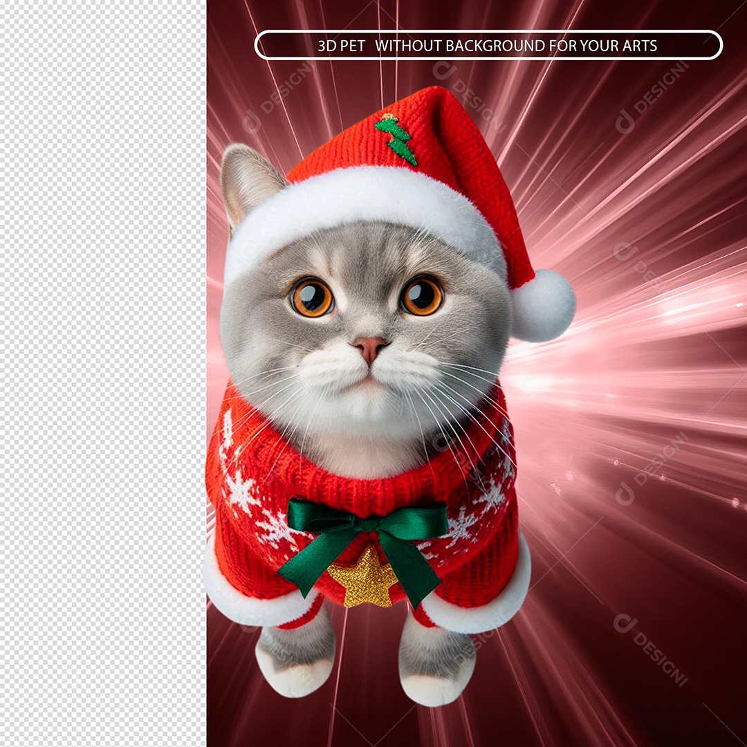 Elemento 3D Gato Vestido em Roupa de Natal para Composição PSD