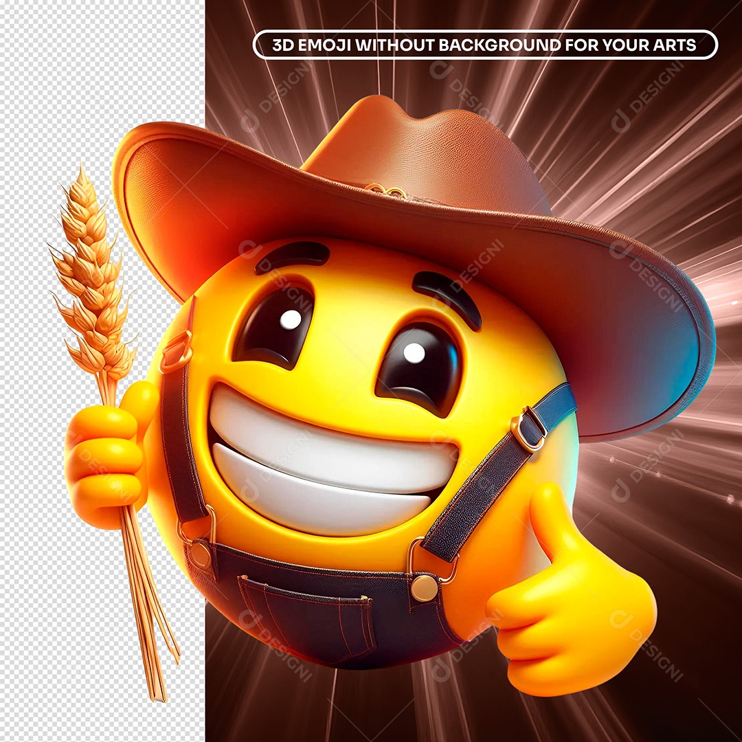 Elemento 3D Emoji Fazendeiro Sorridente Segurando Capim para Composição PSD