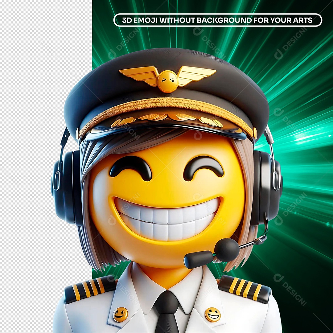 Elemento 3D Emoji Pilota de Avião Sorridente Composição PSD