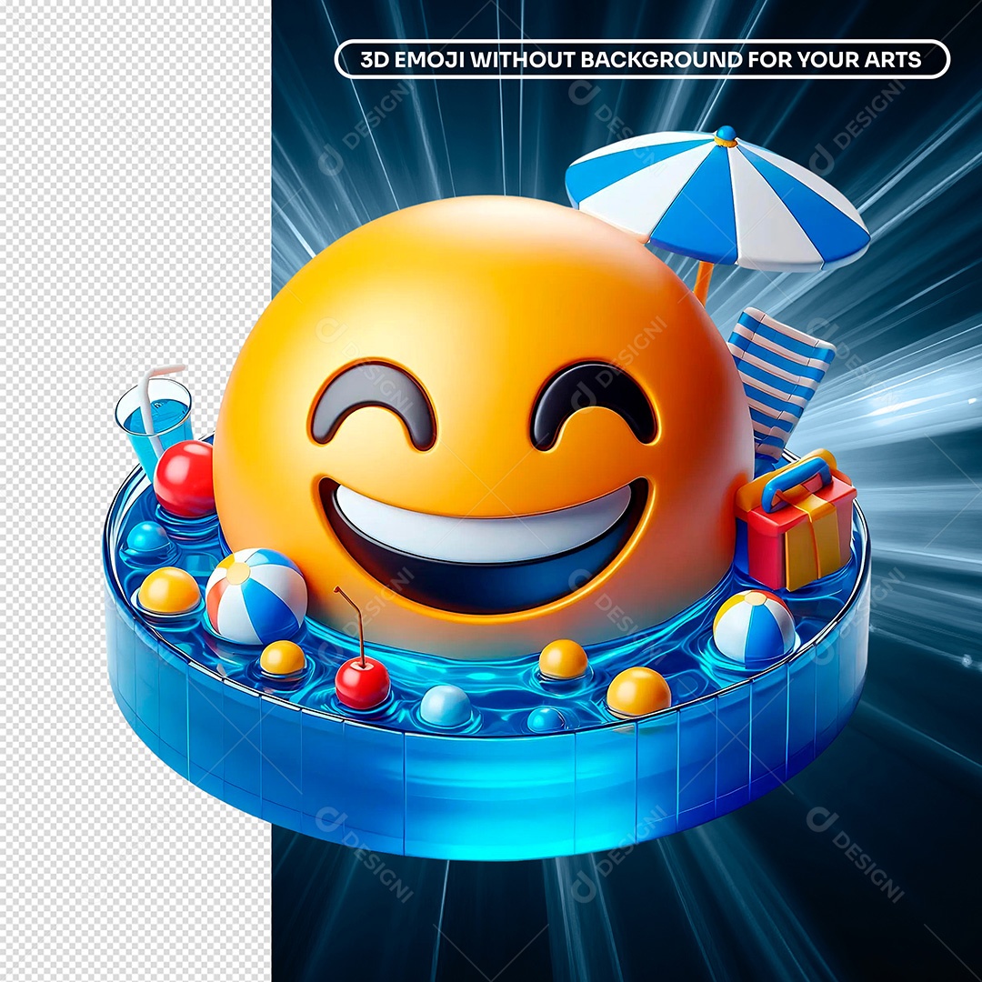 Elemento 3D Emoji Feliz Tomando Banho em Picina para Composição PSD