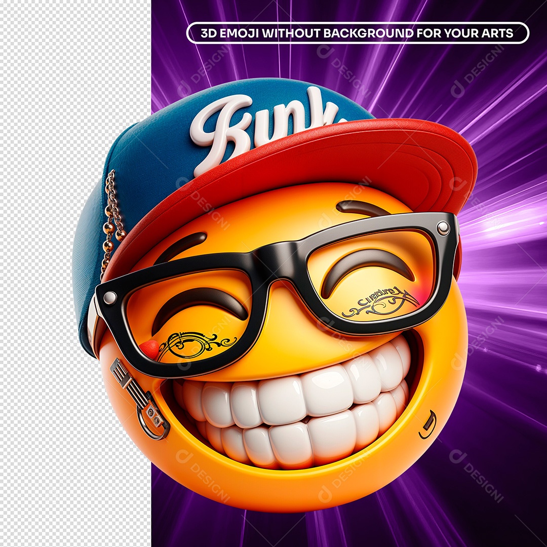 Elemento 3D Emoji Sorridente de Boné e Óculos Composição PSD
