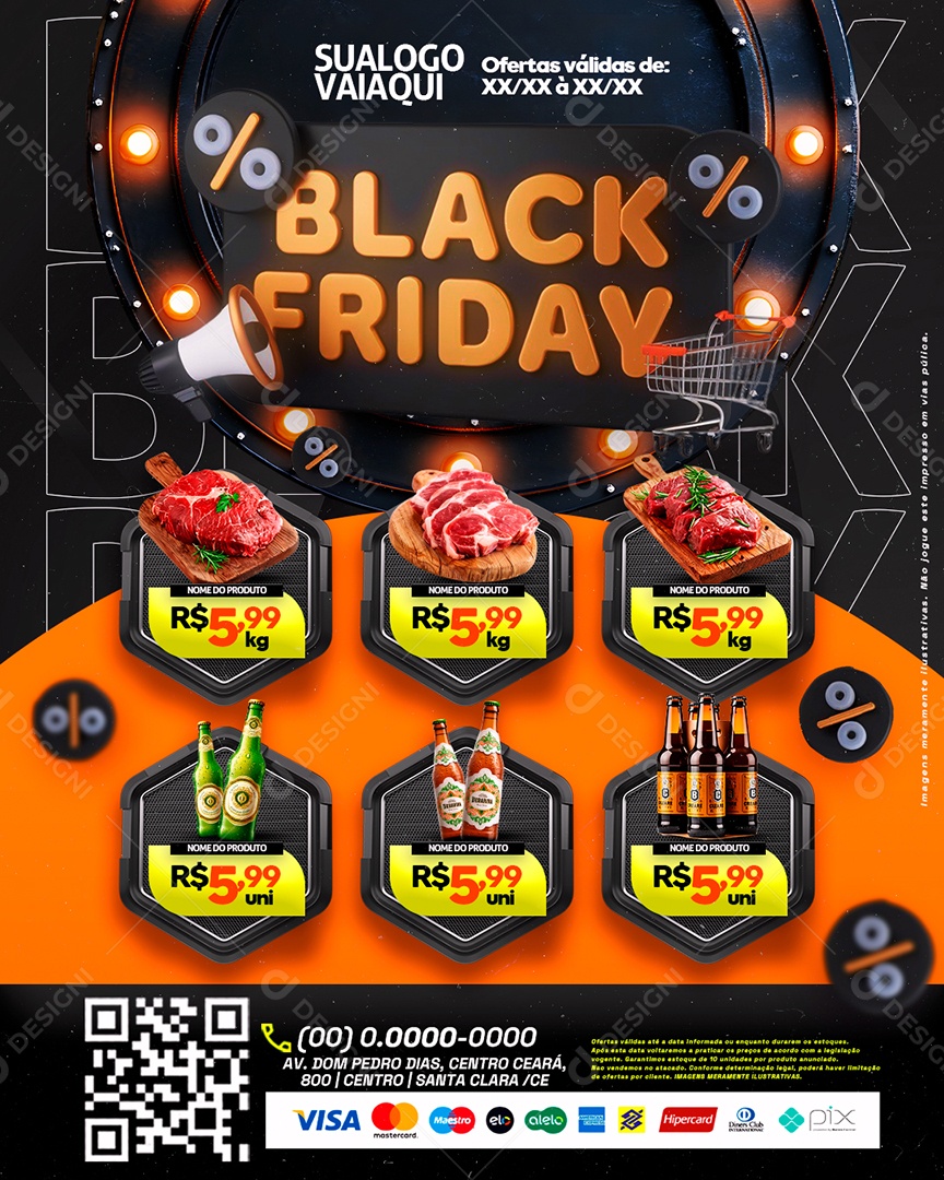 Tabloide Black Friday Supermercado Carnes Bebidas Social Media PSD Editável