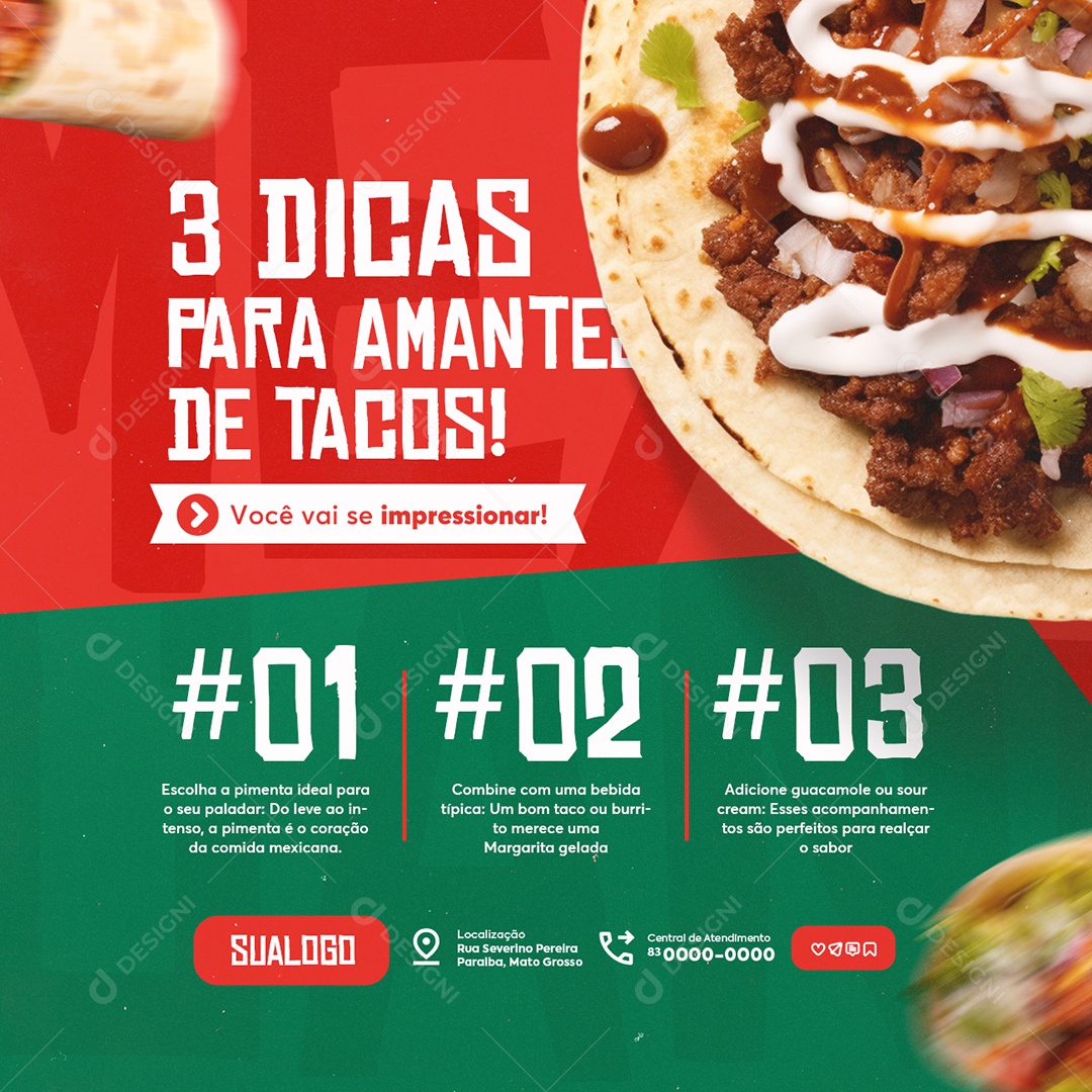 Restaurante Mexicano Três Dicas para Amantes de Tacos Social Media PSD Editável