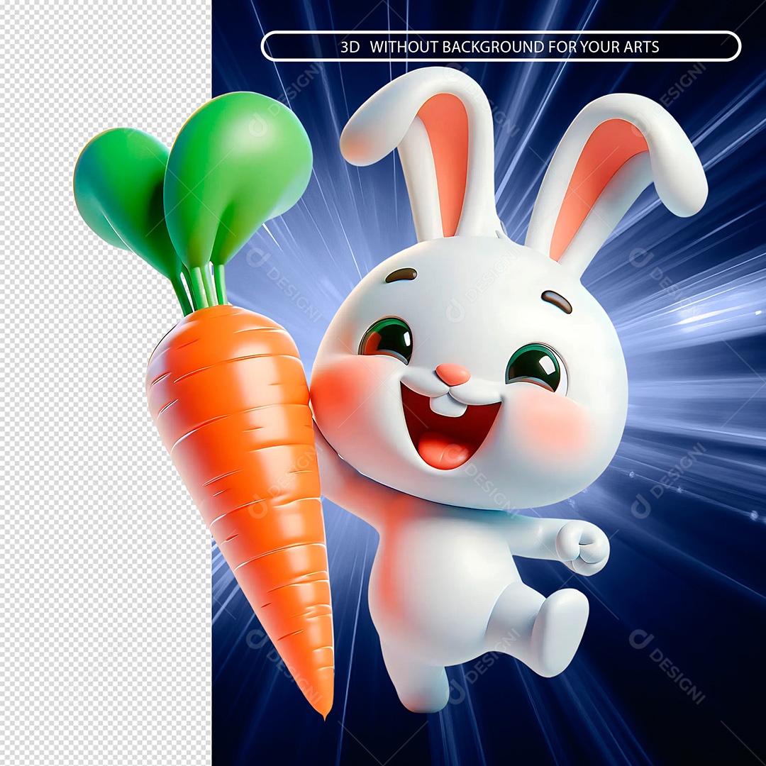 Coelho Segurando Cenoura Feliz Elemento 3D para Composição PSD