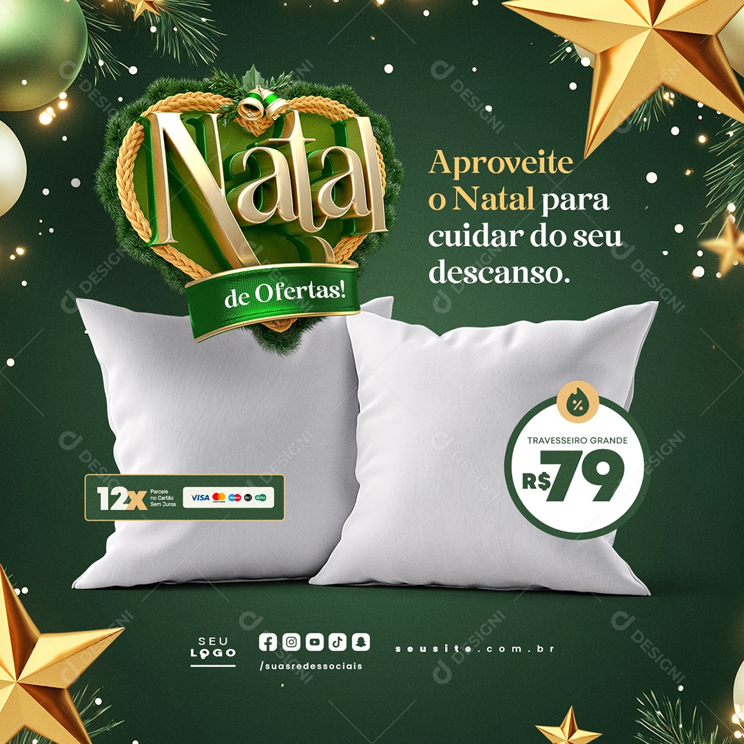 Loja de Cama Mesa e Banho Natal de Ofertas Travesseiro Grande Social Media PSD Editável