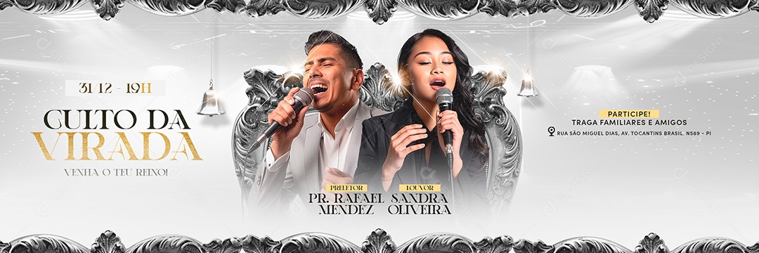 Carrossel Flyer Gospel Ano Novo Culto da Virada Venha o Teu Reino Social Media PSD Editável