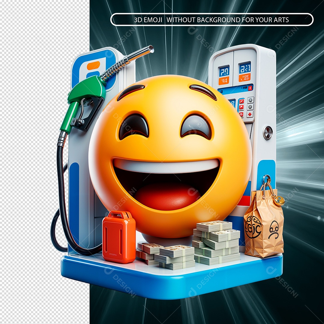 Elemento 3D Emoji Frentista Feliz com Dinheiro e Gasolina para Composição PSD