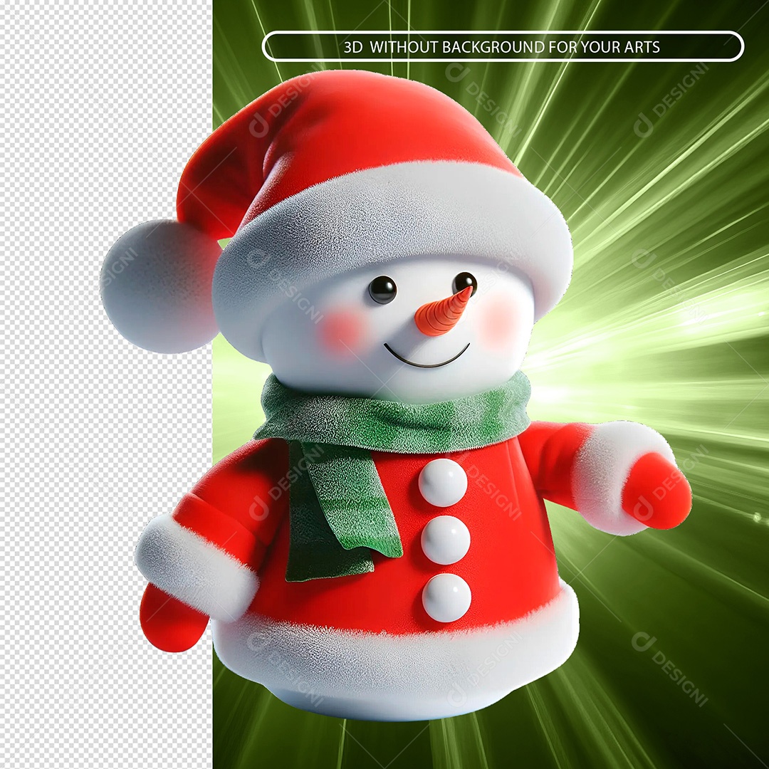 Boneco de Neve Vestido em Ropa de Papai Noel Elemento 3D para Composição PSD