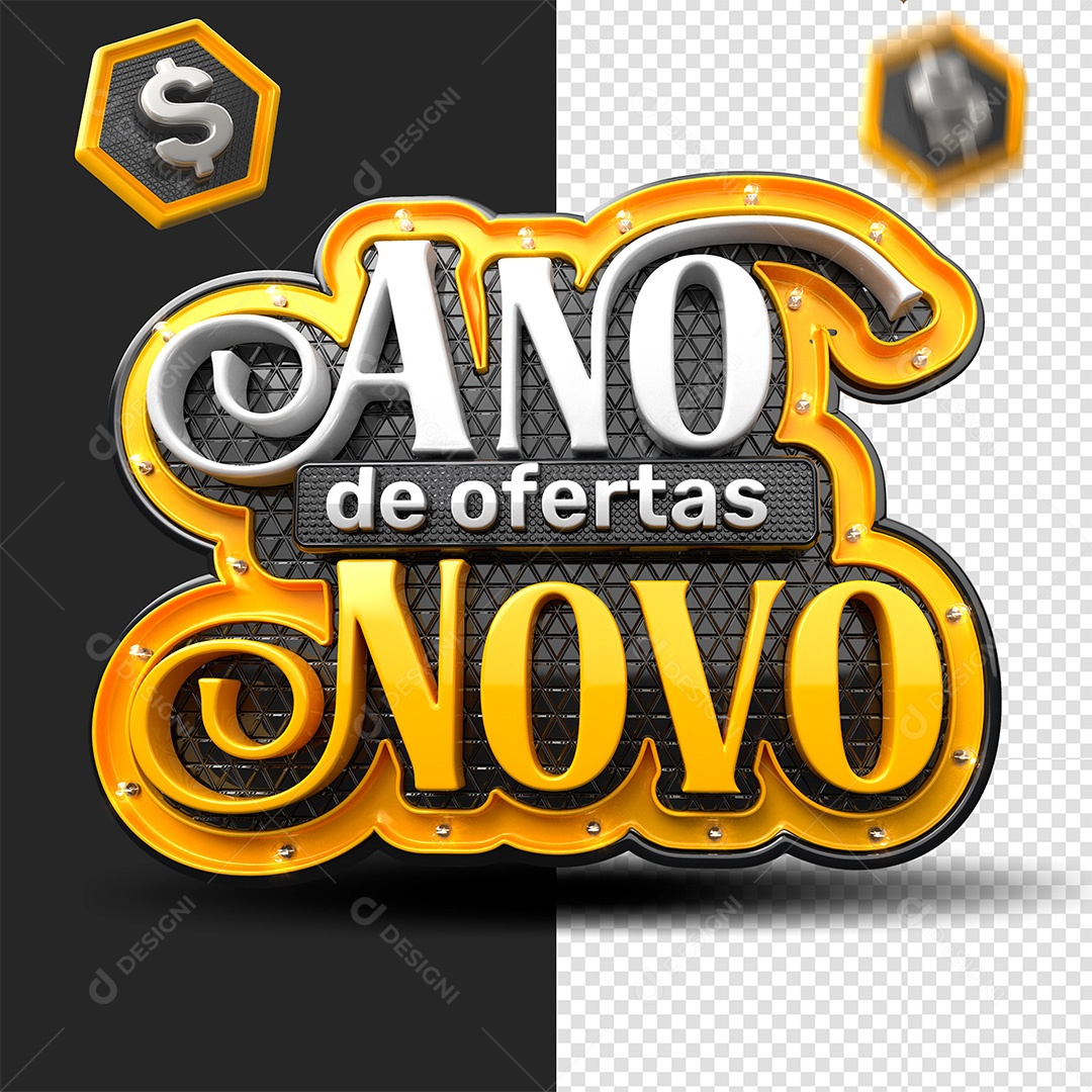 Ofertas de Ano Novo Selo 3D Branco e Amarelo para Composição PSD