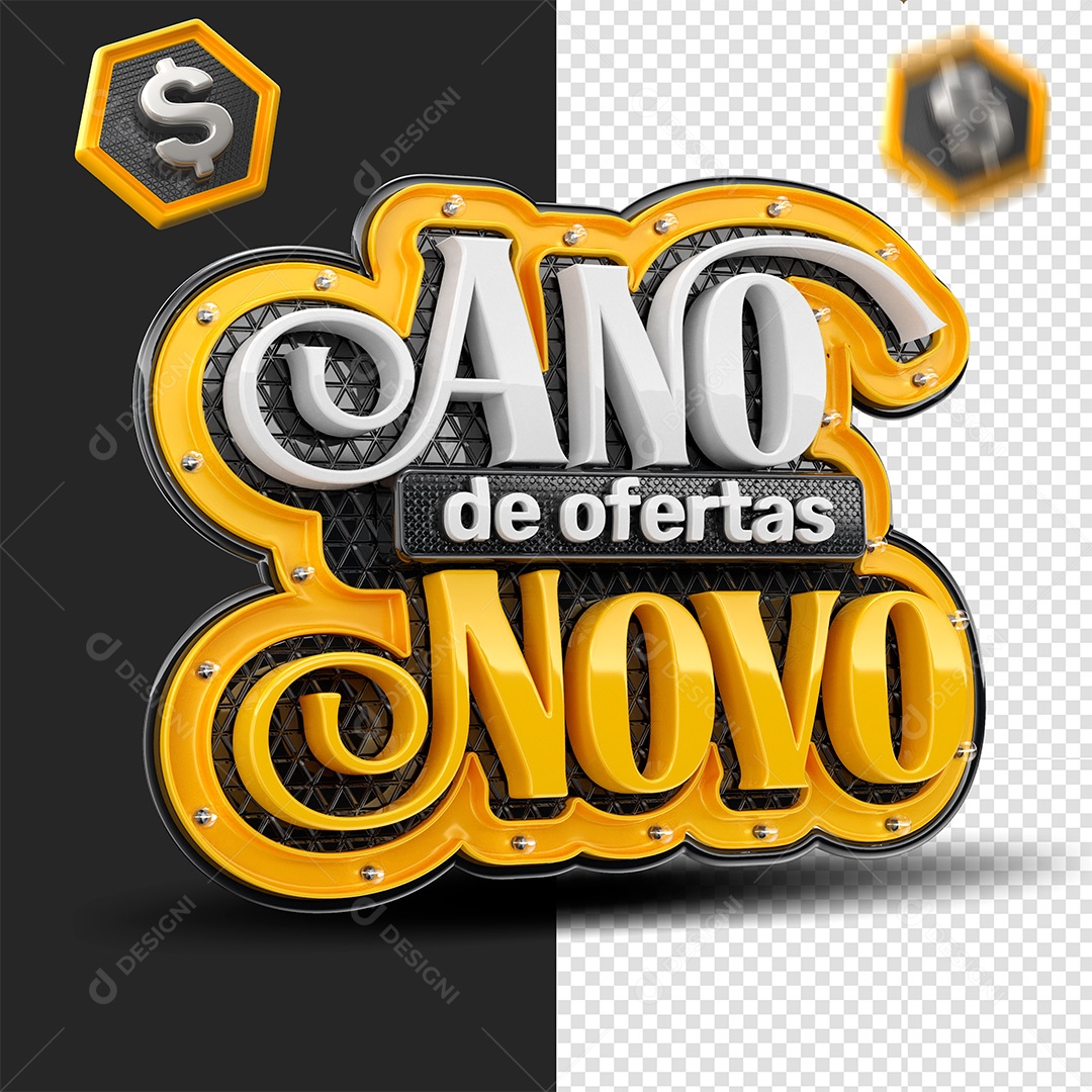 Ofertas de Ano Novo Selo 3D Branco e Amarelo para Composição PSD