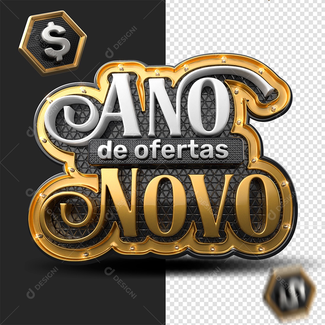 Ofertas de Ano Novo Selo 3D Branco e Dourado para Composição PSD