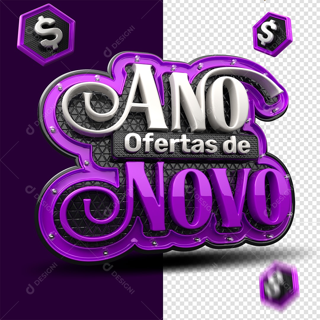 Ofertas de Ano Novo Selo 3D Branco e Roxo para Composição PSD