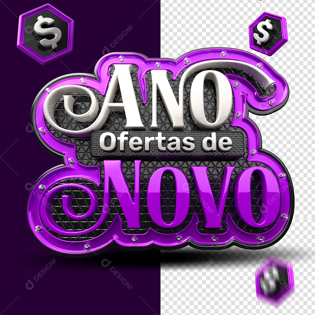 Ofertas de Ano Novo Selo 3D Branco e Roxo para Composição PSD