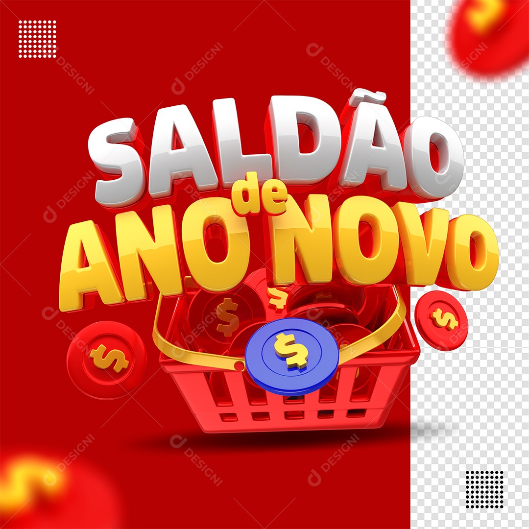 Saldão de Ano Novo Selo 3D Vermelho e Amarelo para Composição PSD