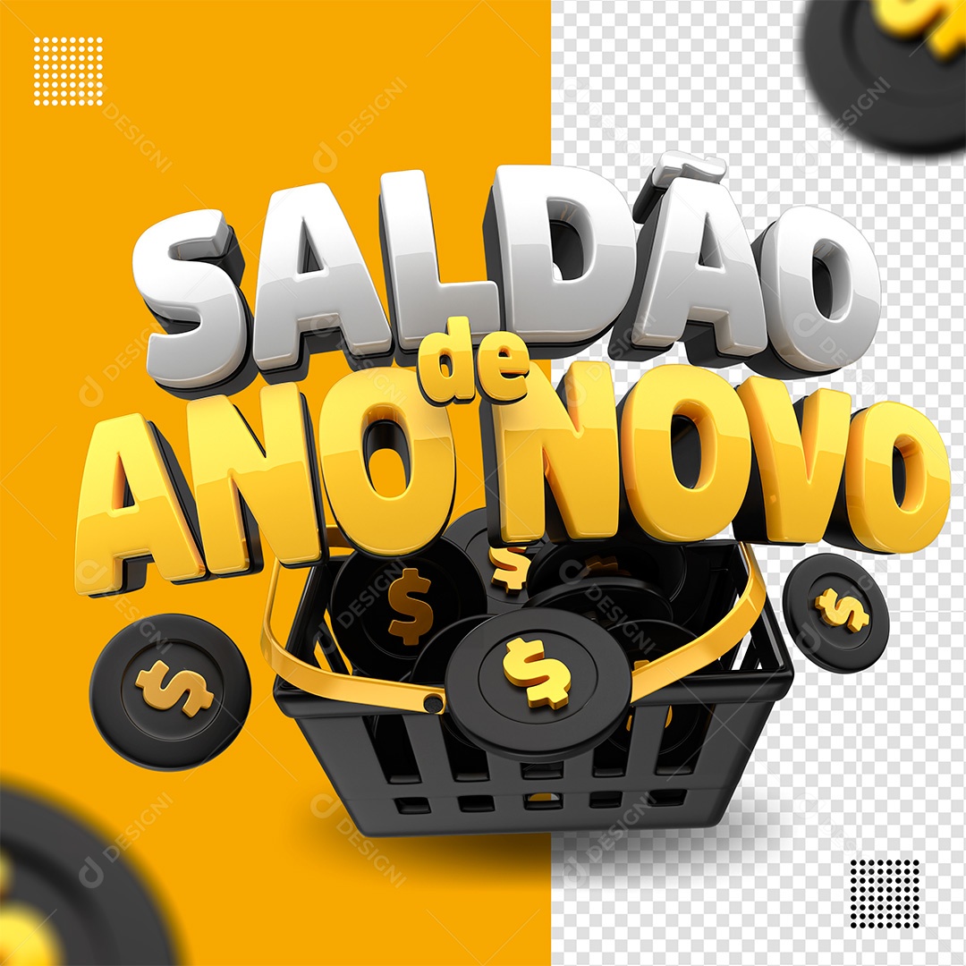Saldão de Ano Novo Selo 3D Branco e Amarelo para Composição PSD