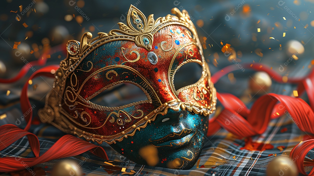 Máscara tradicional de carnaval de Veneza com fundo desfocado colorido