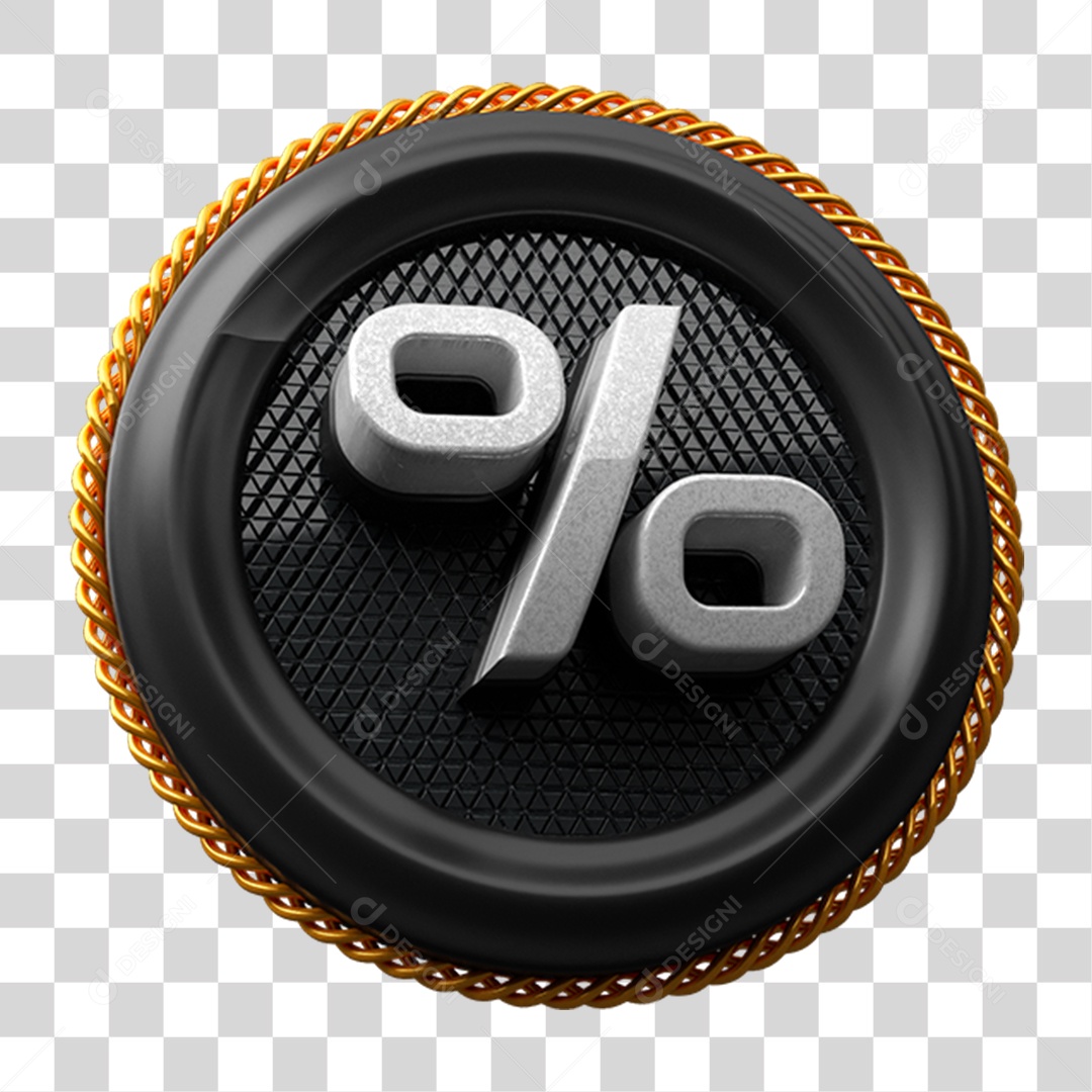 Elemento 3D Placa de Metal Redonda com Símbolo de Porcentagem % PNG Transparente