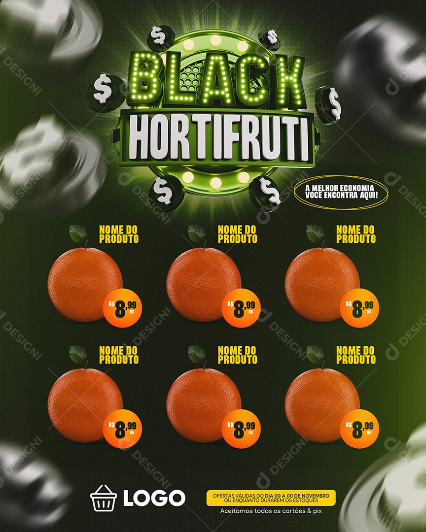Encarte Hortifruti Black Ofertas Social Media PSD Editável