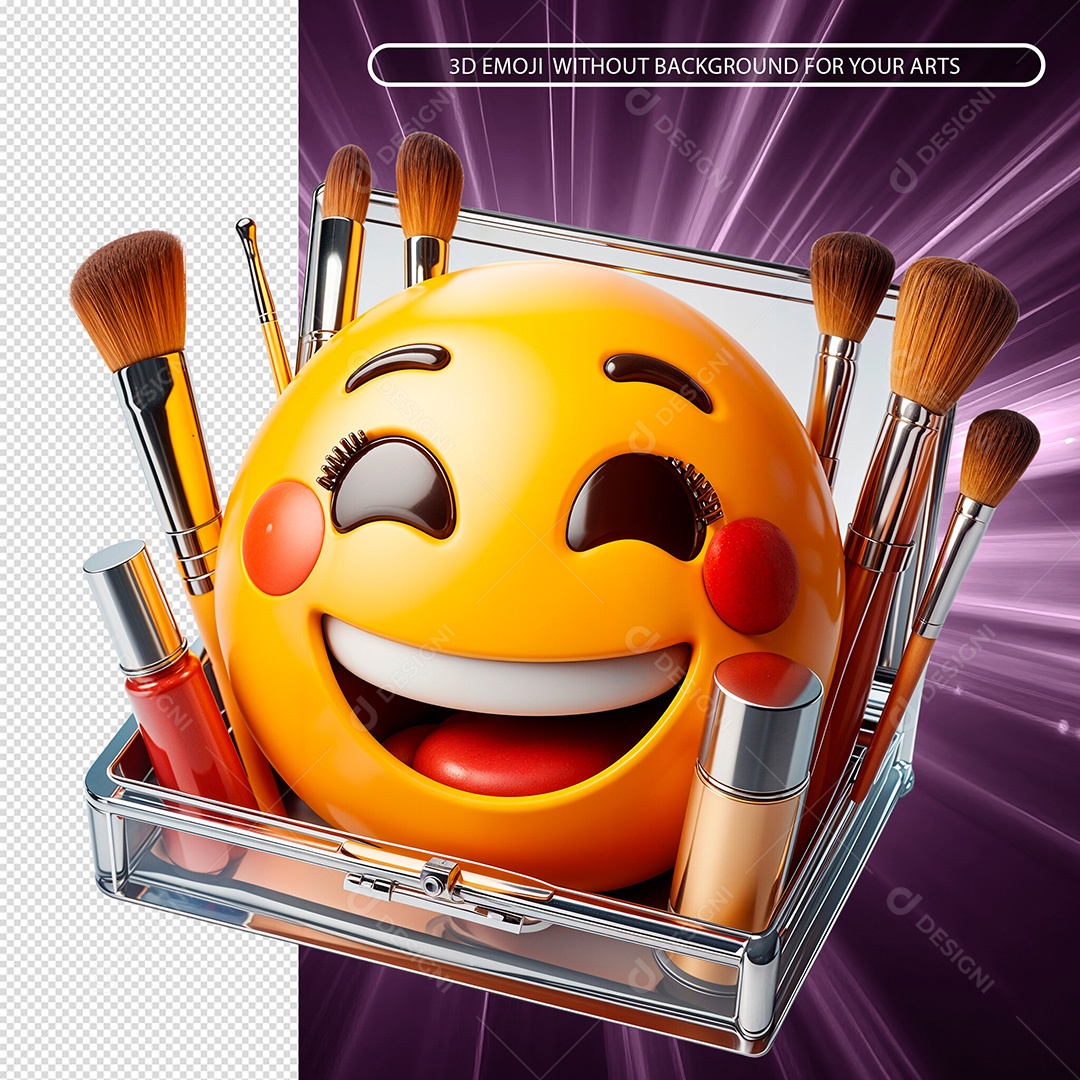 Emoji Feliz Dentro de Uma Caixa de Maquiagem Elemento 3D Composição PSD
