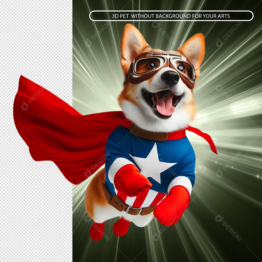 Elemento 3D Cachorro Vestido em Roupa de Super Herói para Composição PSD