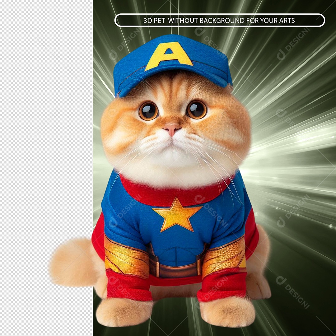 Elemento 3D Gato Vestido em Roupa de Super Herói para Composição PSD