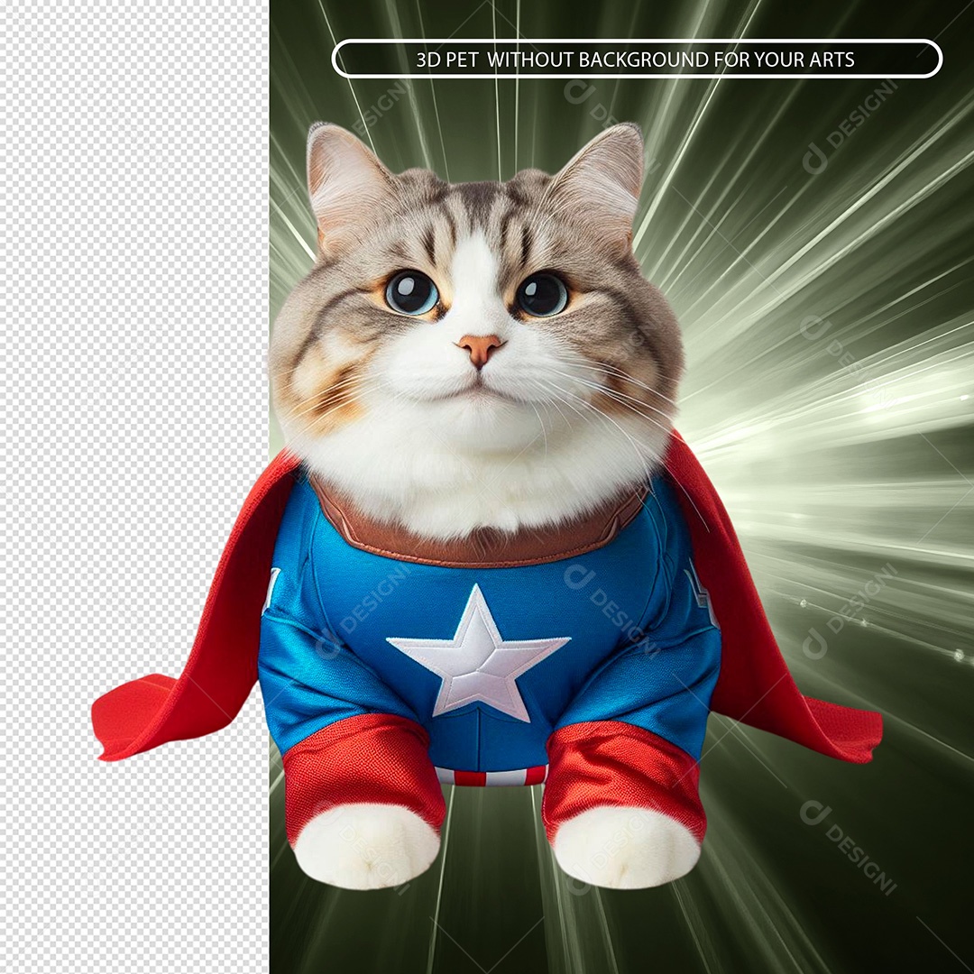 Elemento 3D Gato Vestido em Roupa de Super Herói para Composição PSD