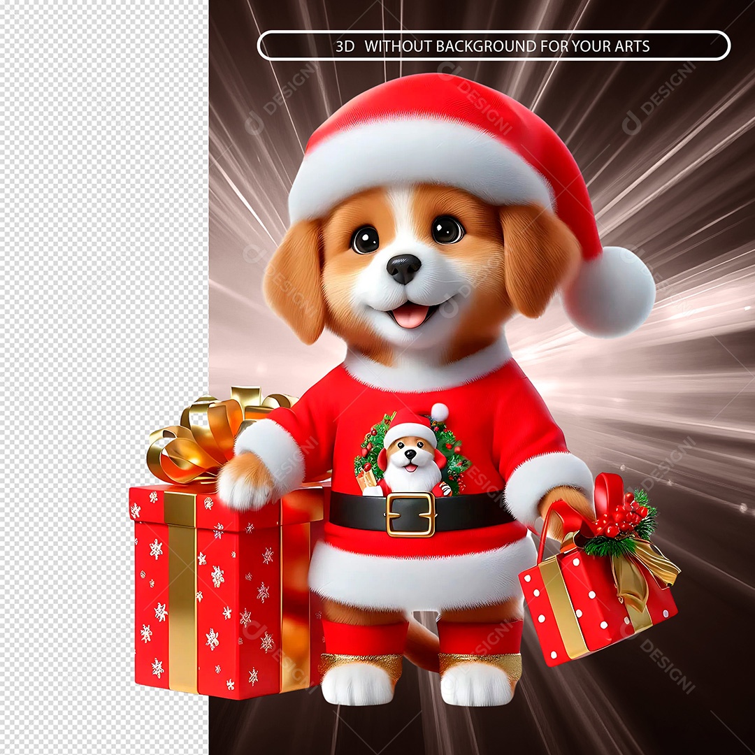 Elemento 3D Cachorro Vestido em Roupa de Natal Segurando Presente para Composição PSD