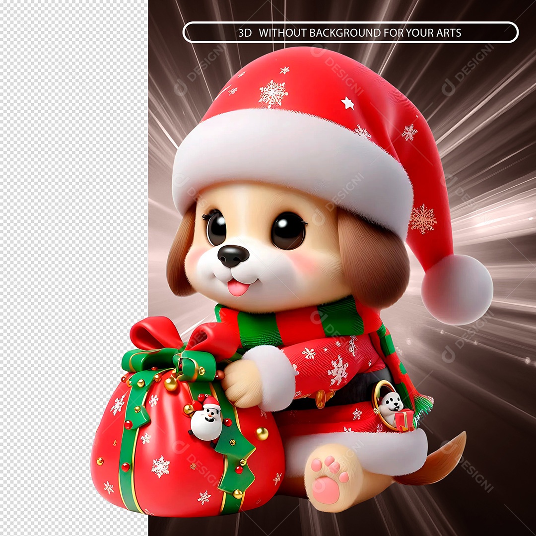 Elemento 3D Cachorro Vestido em Roupa de Natal Segurando Presente para Composição PSD