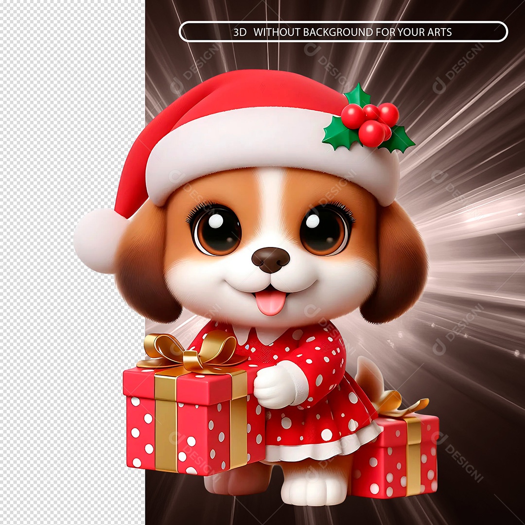 Cachorro Vestido em Roupa de Natal Segurando Presente Elemento 3D para Composição PSD
