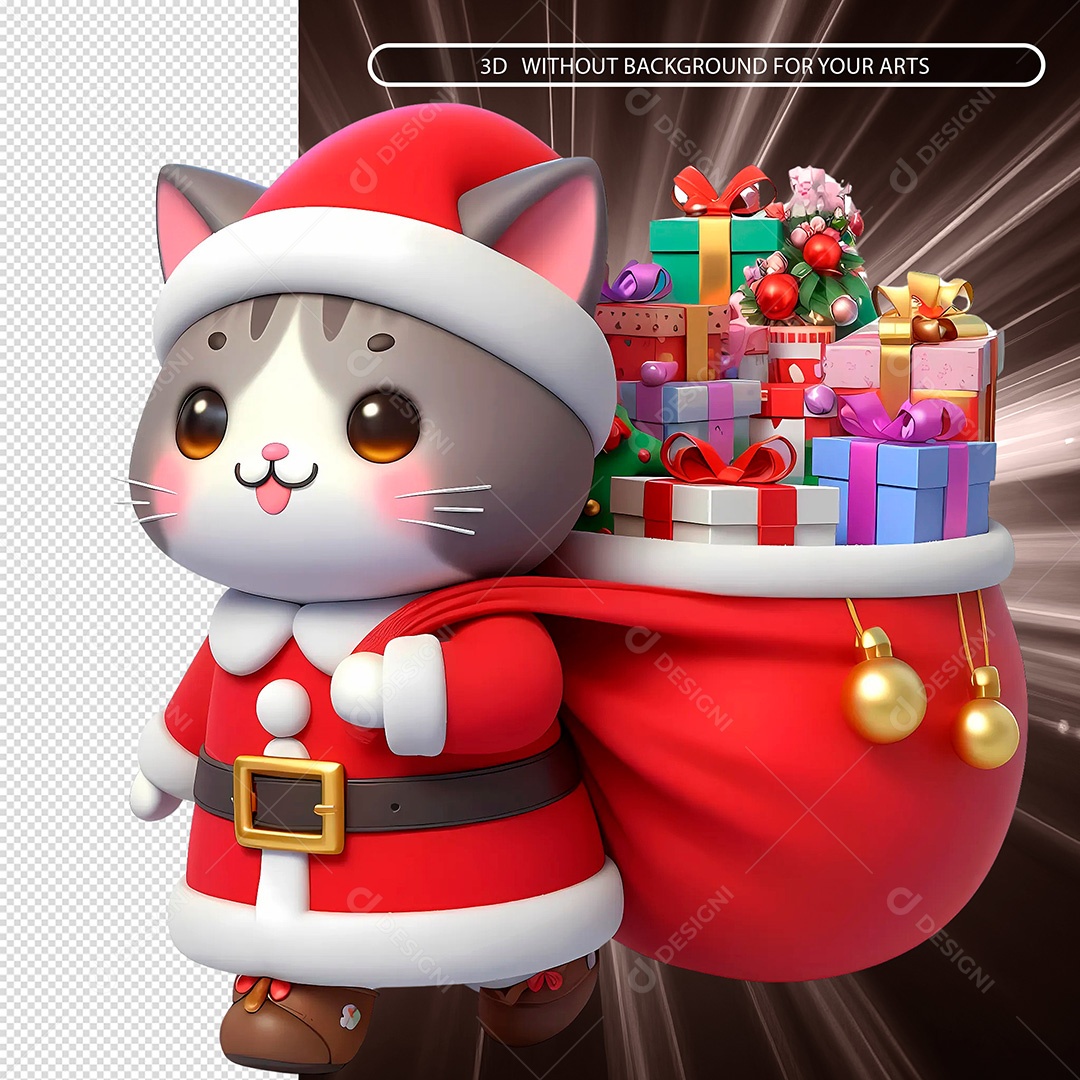Elemento 3D Gato Vestido em Roupa de Natal com Saco de Presente para Composição PSD