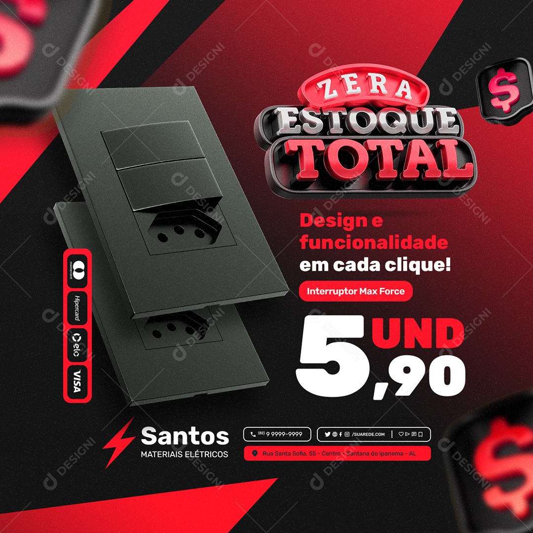 Loja Materiais Elétricos Zera Estoque Total Interruptor Max Force Social Media PSD Editável