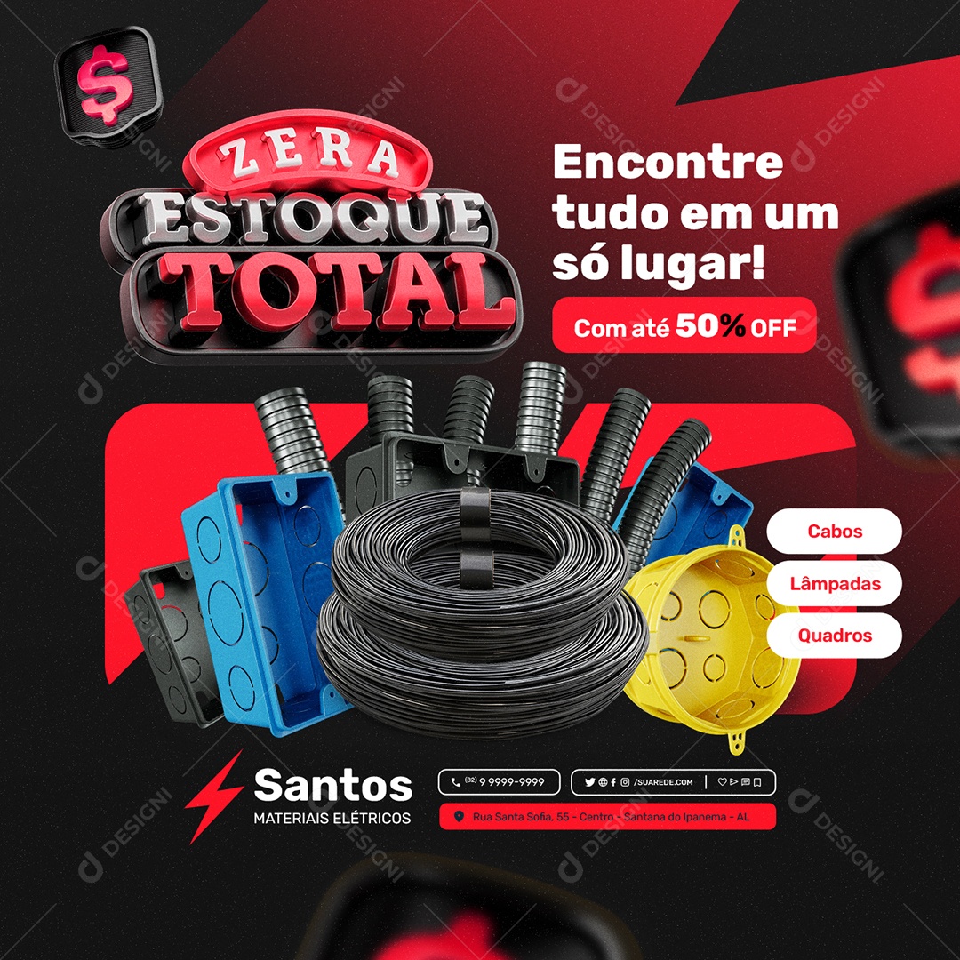 Loja Materiais Elétricos Zera Estoque Total Cabos Lâmpadas Quadros Social Media PSD Editável