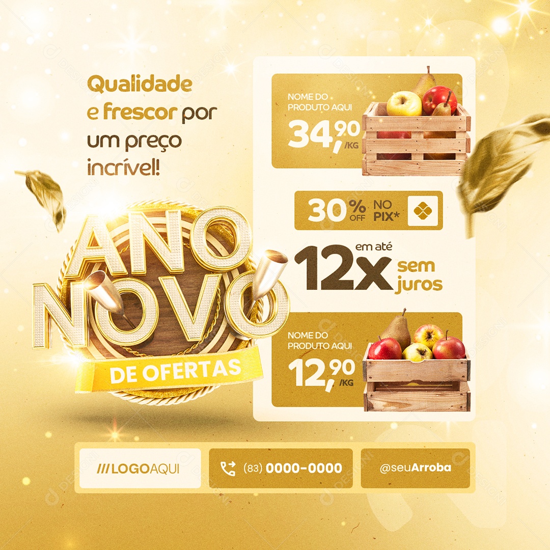 Social Media Ano Novo de Ofertas Hortifruti Maçã 30% no Pix PSD Editável