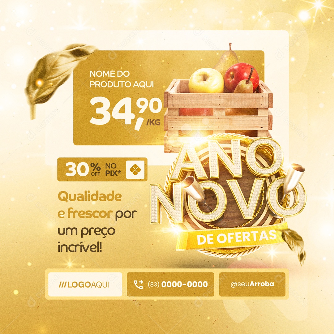 Ano Novo de Ofertas Hortifruti Maçã 30% no Pix Social Media PSD Editável