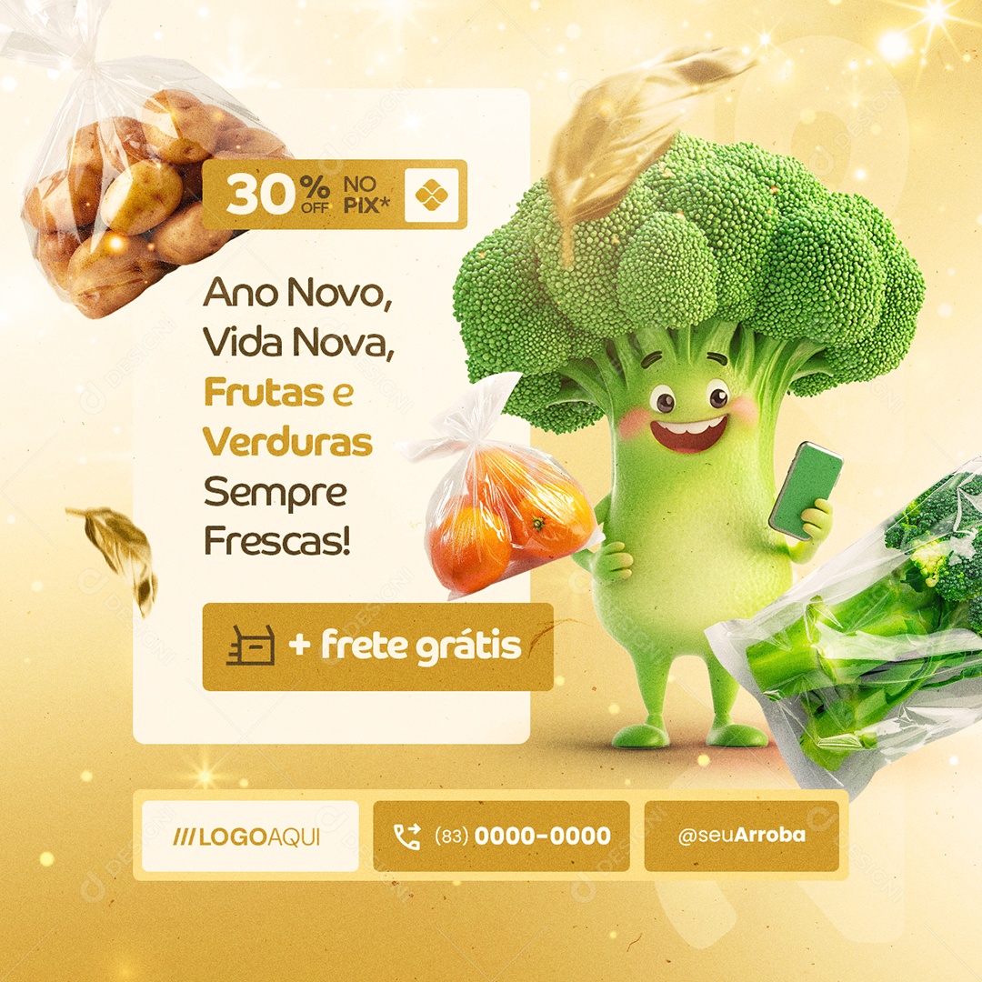 Ano Novo de Ofertas Hortifruti Brócolis Frete Grátis Social Media PSD Editável