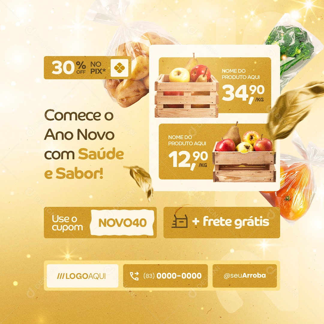 Ano Novo de Ofertas Hortifruti 30% Off no Pix Maçã Social Media PSD Editável