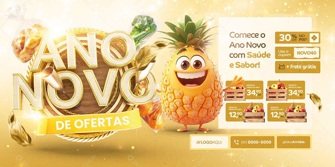 Carrossel Ano Novo de Ofertas Hortifruti Saúde e Sabor Social Media PSD Editável