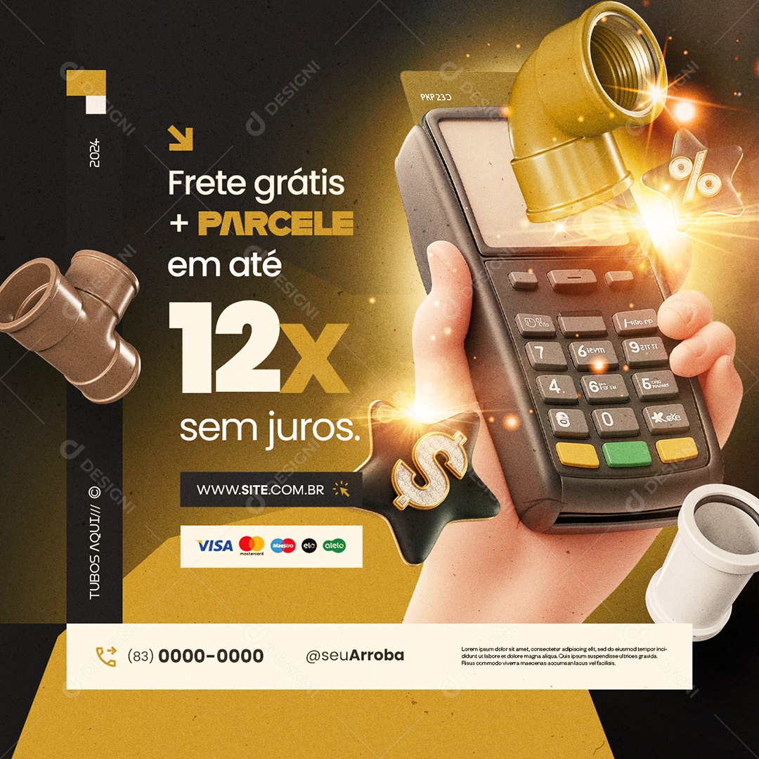 Ano Novo de Ofertas Construção Tubos Frete Grátis Social Media PSD Editável