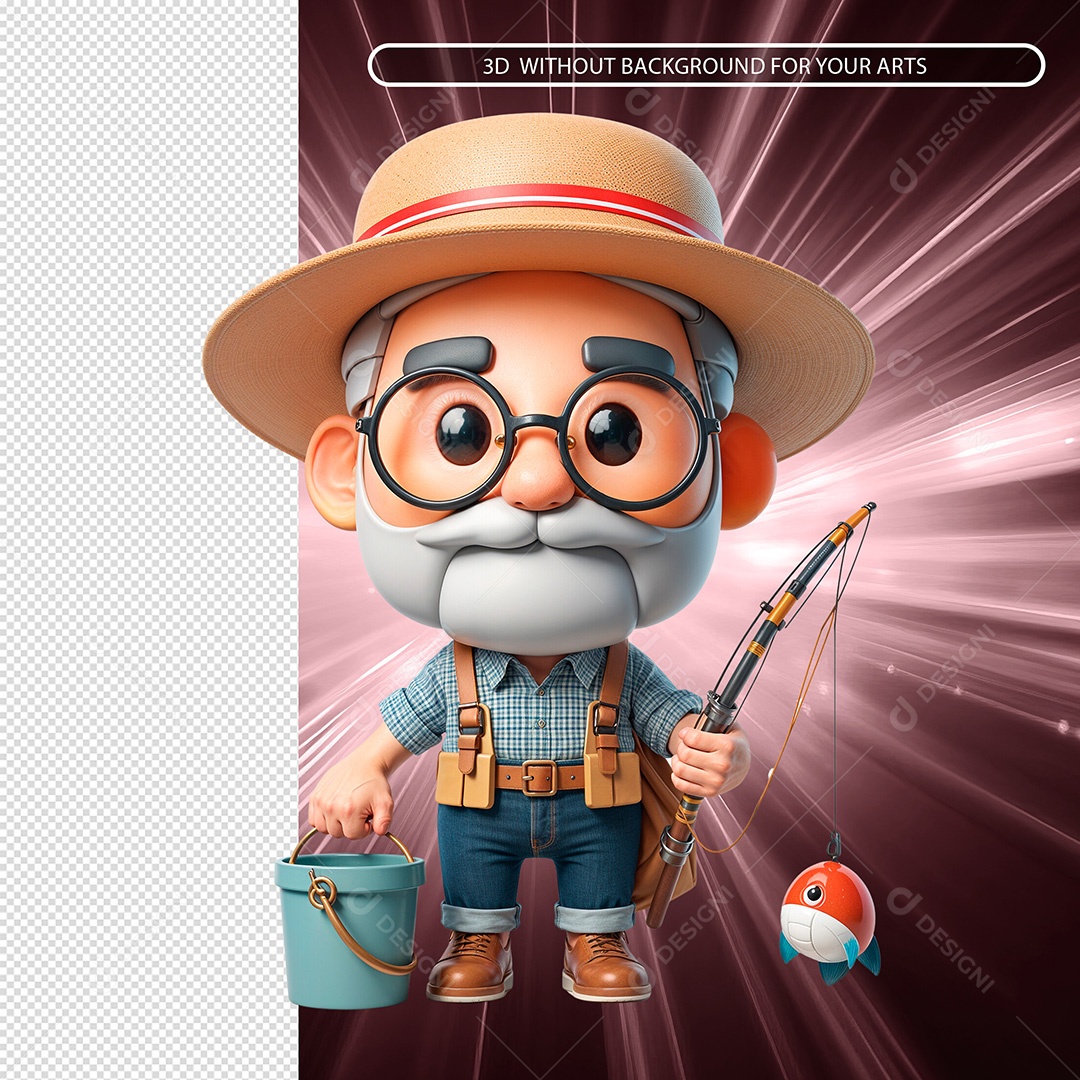 Personagem Velho Pescador Segurando uma Vara Elemento 3D Composição PSD