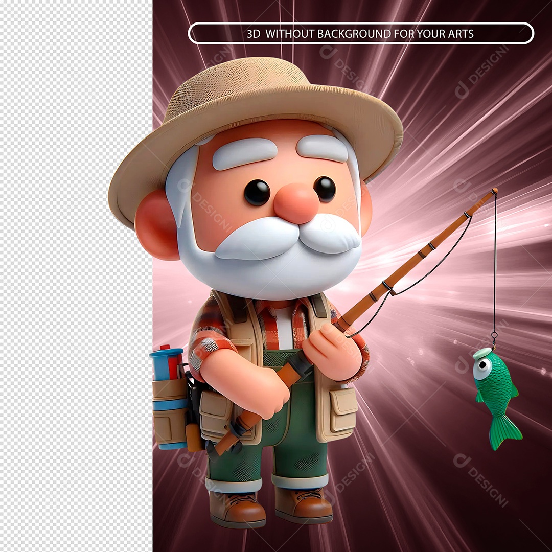 Personagem Velho Pescador Segurando uma Vara Com Peixe Elemento 3D Composição PSD
