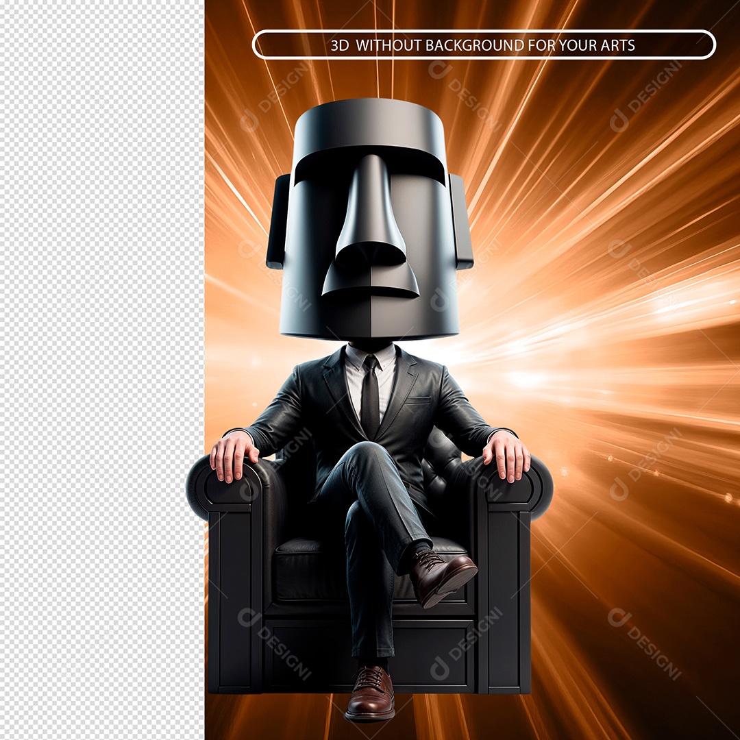 Personagem com Cabeça de Estátua Sentado em Poltrona Elemento 3D Composição PSD